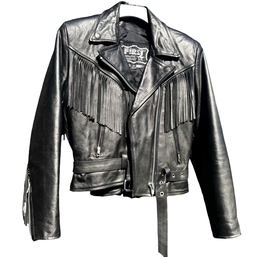 Vintage “First” All Leather Cropped Fringe Coat Black Womens 10